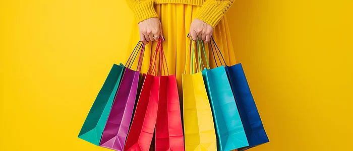 Frau hält verschiedene Einkaufstüten fest