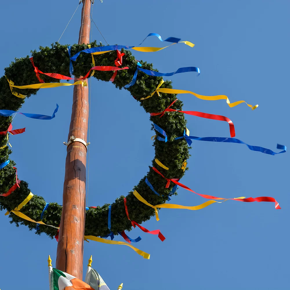 Maibaum mit Ring und Dekobändern